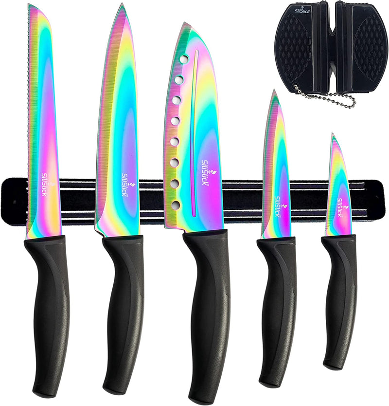 Stainless Steel Rainbow Knife Set - Titanium Coated Kitchen Starter Set with Utility Knife, Santoku, Bread, Chef, & Paring Knives with Black Sharpener Tool & Magnetic Mounting Rack - Silislick Home & Garden > Kitchen & Dining > Kitchen Tools & Utensils > Kitchen Knives SiliSlick® Black Handle | Black Rack  