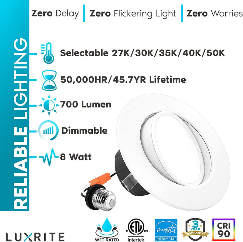 Luxrite 4 Inch Gimbal LED Recessed Lighting Can Light, 8W=60W, 5 Color Selectable 2700K-5000K, CRI 90, Dimmable Adjustable LED Downlight, 700 Lumens, Wet Rated, Energy Star, ETL Listed