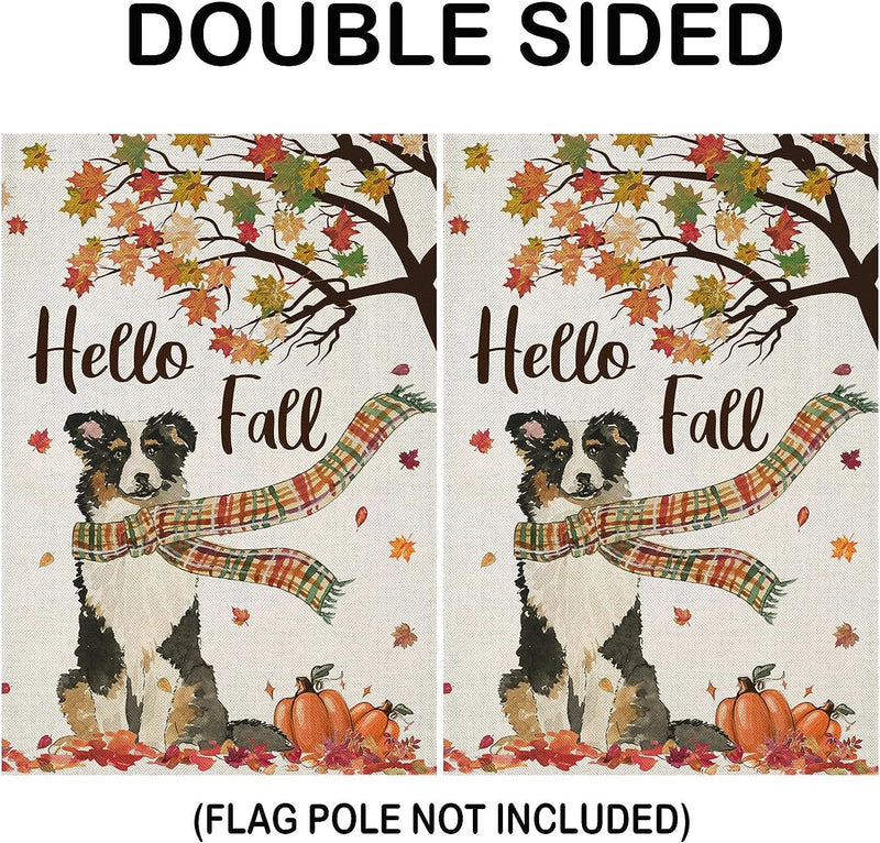 Hello Fall Garden Flags 12X18 Inch Double Sided, Seasonal Dog with Maple Leaves Pumpkins Scarf Small Yard outside Decorations, Harvest Autumn Thanksgiving Farmhouse Holiday Outdoor Décor  EKOREST   