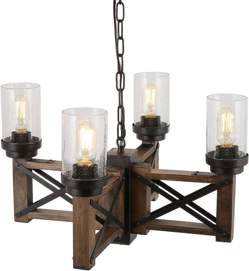 Eumyviv Wood Farmhouse Rustic Chandelier 4 Lights with Glass Shades, 22.8 Inches Industrial Dinning Table Pendant Lamp Vintage Edison Hanging Light Fixture, Brown & Black, C0075 Home & Garden > Lighting > Lighting Fixtures > Chandeliers Eumyviv   