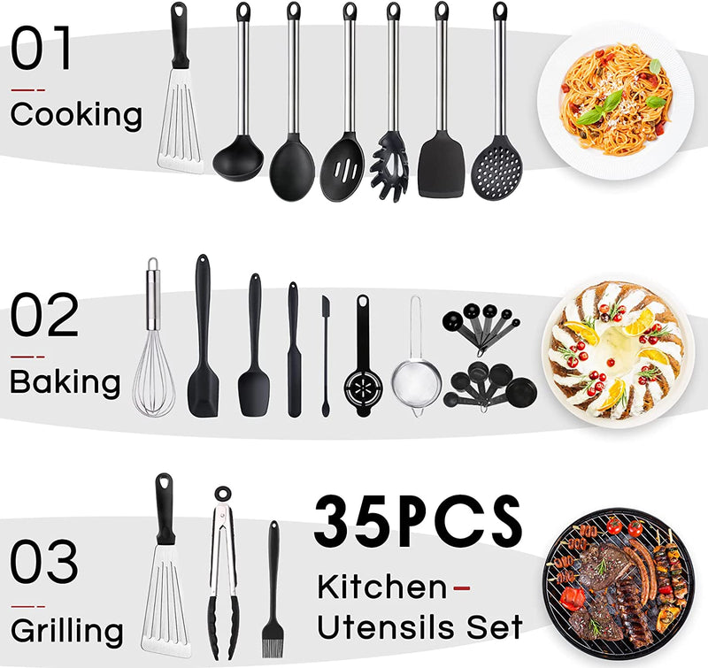 Silicone Kitchen Utensils Set with Ceramic Utensil Holder,35 Pcs Cooking Utensils Set,Heat Resistant Silicone Spatula Set Spatula Spoon for Nonstick Cookware,Stainless Steel Black Utensil Kitchen Tool