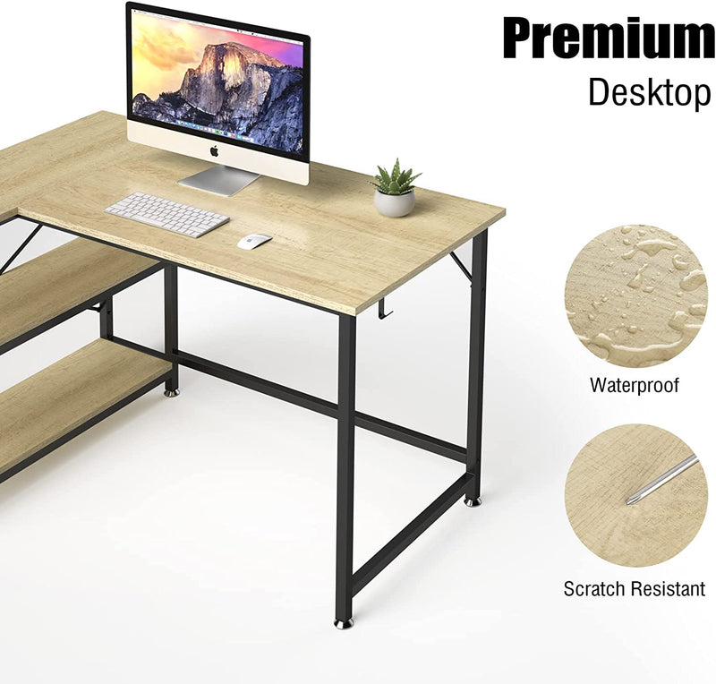 Sunyesyo L Shaped Computer Desk 47 in - Small Office Home Gaming Desk with Storage Shelves - Study Writing Corner Table, Reversible Sturdy Workstation, Work PC Desk, Beige Oak Home & Garden > Household Supplies > Storage & Organization SunyesYo   