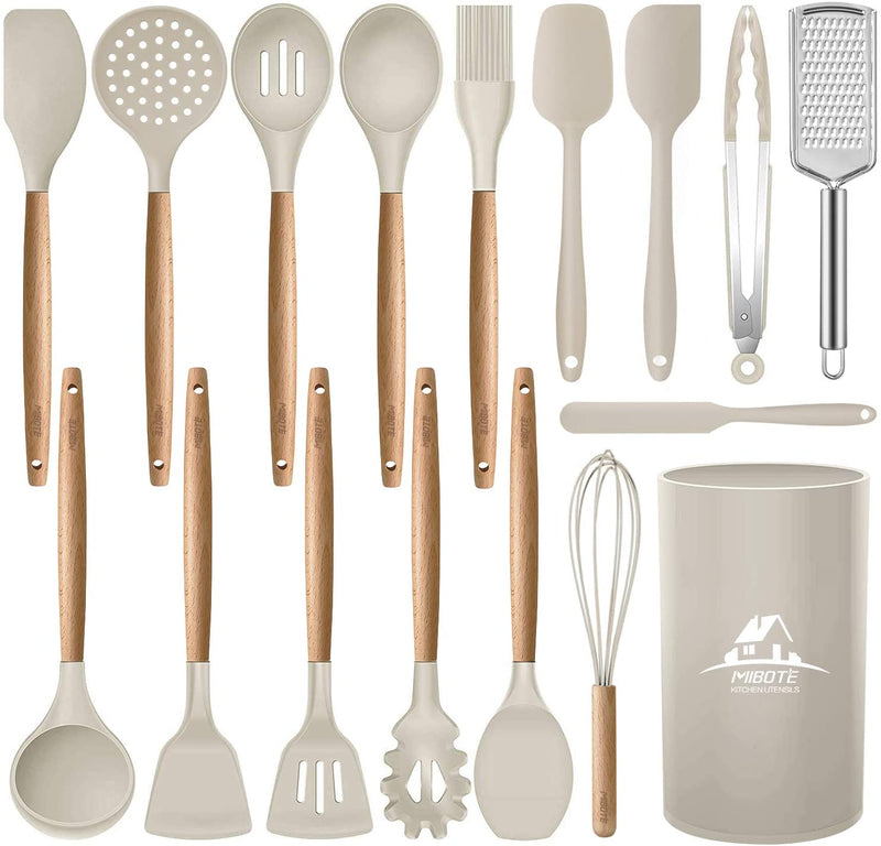MIBOTE 17 Pcs Silicone Cooking Kitchen Utensils Set with Holder, Wooden Handles Cooking Tool BPA Free Turner Tongs Spatula Spoon Kitchen Gadgets Set for Nonstick Cookware (Teal) Home & Garden > Kitchen & Dining > Kitchen Tools & Utensils MIBOTE 4-Khaki  
