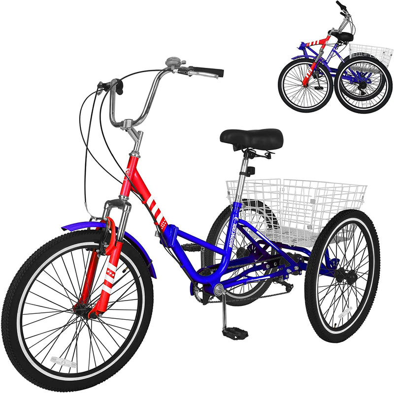 H&ZT Tricycle for Adults, 3 Wheeled Bikes for Adults，Trike Cruiser Bike, W/Large Basket & Maintenance Tools & Shimano Derailleur & Parking Brake Handle Sporting Goods > Outdoor Recreation > Cycling > Bicycles H&ZT FOLDING- flag 26" Foldable 