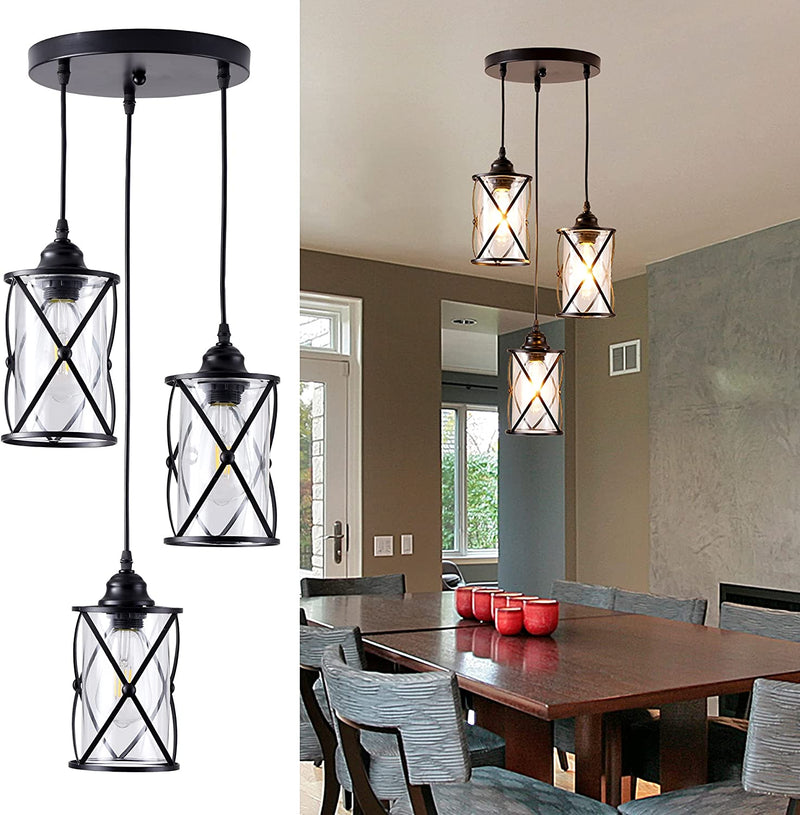 Dumaiway Industrial Pendant Light, 3-Light Metal Cage Rustic Hanging Pedant Lights Fixture Ceiling with Glass Shade for Kitchen Island, Dining Room, Cafe, Farmhouse, Foyer (Black E26 Base) Home & Garden > Lighting > Lighting Fixtures DuMaiWay 3-Glass  
