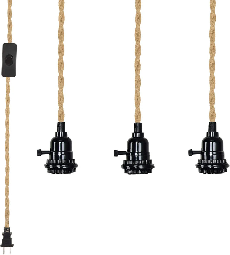 ALAISLYC Triple Plug in Pendant Lights with Cord Hanging Lamp Kit with Switch 22 Ft Long Hemp Rope Farmhouse Pndant Light Cord Lighting Fixture Kits DIY Hanging Light