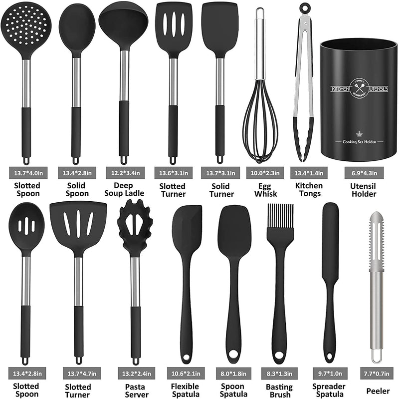 Silicone Kitchen Cooking Utensils Set, 16PCS Premium Spatula Set with Stainless Steel Handle for Nonstick Cookware, Kitchen Tools Spatula Spoons Turner Brush Whisk, Heat Resistant (Gray)