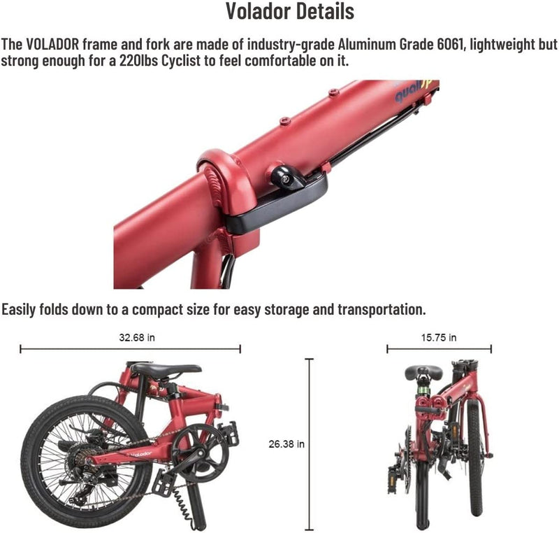 QUALISPORTS Volador Folding Electric Bike Lightweight 20" Tire Foldable Ebike 36V 7Ah Removable Seatpost Battery 350W Motor Shimano 7 Speed 20MPH Portable Electric Bicycle for Adults Commuter Sporting Goods > Outdoor Recreation > Cycling > Bicycles Changzhou Qualisports Technology Co.,Ltd   
