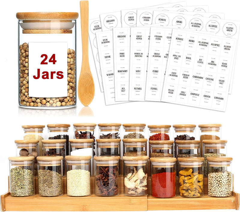 GMISUN Spice Jars with Bamboo Lids, 24 Pcs 4Oz Glass Spice Container with 225 Pcs Spice Labels & 1 Spoon, Empty round Spice Bottles with Wood Airtight Lid, Farmhouse Food Storage Jars Home & Garden > Decor > Decorative Jars GM GMISUN   