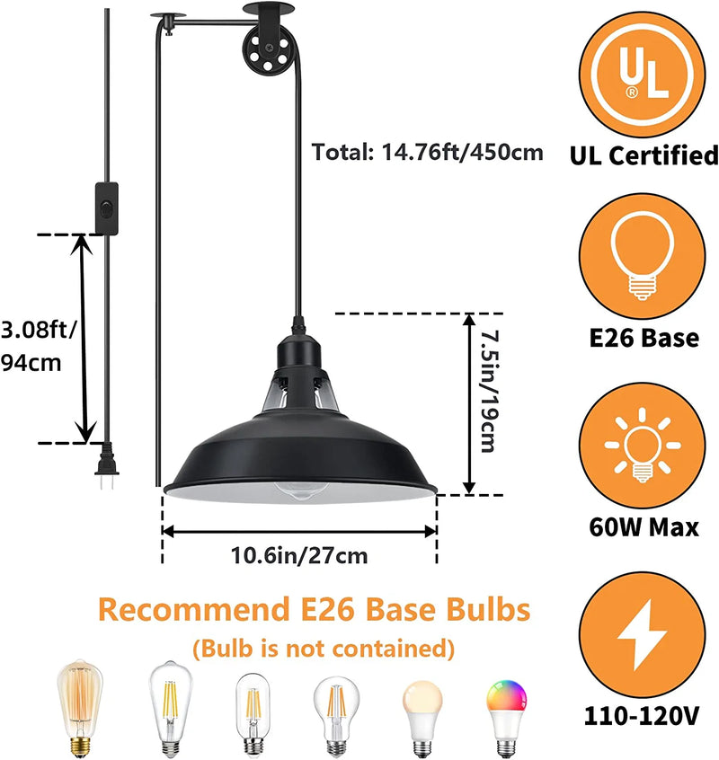Lomoky Plug in Pendant Light, Hanging Lamp with Black Barn Pendant Lighting with 14.76Ft Cord On/Off Switch, Adjustable Pulley Wall Light Fixture Hanging Light for Kitchen Bedroom Restaurant 2 Pack Home & Garden > Lighting > Lighting Fixtures Lomoky   
