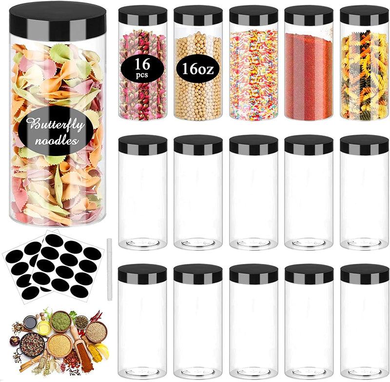 Plastic Jar with Lids 16Oz Clear Empty Containers 16Pcs Straight Cylinders Storage Jars with Airtight Black Lid Stackable Refillable round Plastic Jars for Kitchen Food & Home Storage Home & Garden > Decor > Decorative Jars SLifeJars 16OZ 16Pack  