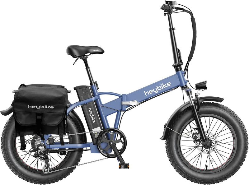 Heybike Mars Electric Bike Foldable 20" X 4.0 Fat Tire Electric Bicycle with 500W Motor, 48V 12.5AH Removable Battery and Dual Shock Absorber for Adults Sporting Goods > Outdoor Recreation > Cycling > Bicycles Heybike Blue With Black Saddlebag 
