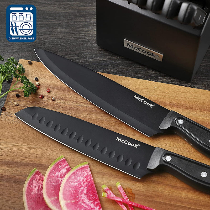 DISHWASHER SAFE MC701 Black Knife Sets of 26, Mccook Stainless Steel Kitchen Knives Block Set with Built-In Knife Sharpener,Measuring Cups and Spoons