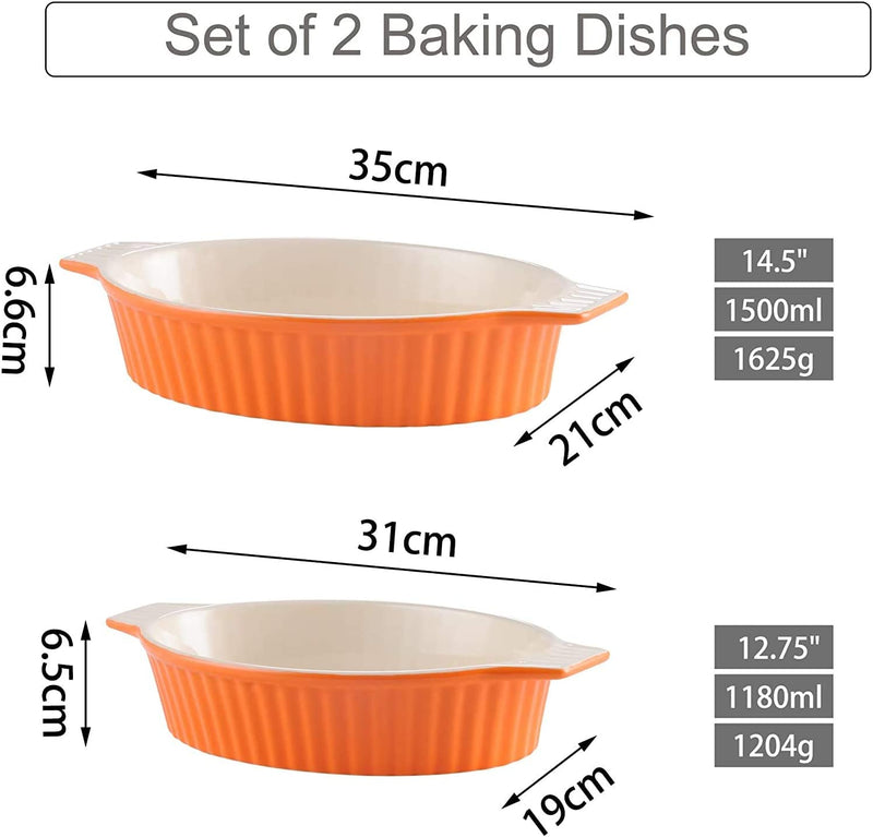 MALACASA Ceramic Baking Dish Set, Oval Bakeware Set of 2 (12.75"/14.5"), Baking Pans for Cooking with Handles for Lasagna/Pie/Casseroles/Tapas, Series Bake, Orange Home & Garden > Kitchen & Dining > Cookware & Bakeware MALACASA   