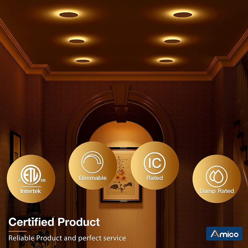 Amico 12 Pack 6 Inch 5CCT LED Recessed Ceiling Light with Night Light, 2700K/3000K/3500K/4000K/5000K Selectable Ultra-Thin Recessed Lighting, 12W=110W, 1100LM, Dimmable Canless Wafer Downlight - ETL Home & Garden > Lighting > Flood & Spot Lights Amico   