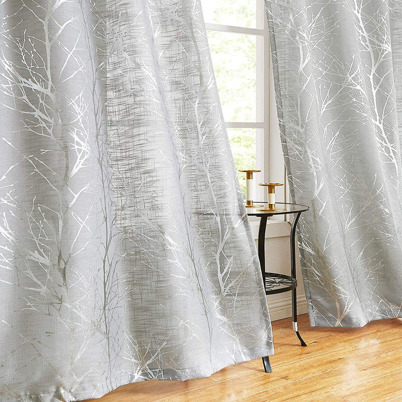 FMFUNCTEX Branch White Curtains 84” for Living Room Grey and Auqa Bluetree Branches Print Curtain Set Wrinkle Free Thick Linen Textured Semi-Sheer Window Drapes for Bedroom Grommet Top, 2 Panels Home & Garden > Decor > Window Treatments > Curtains & Drapes FMFUNCTEX Semi-sheer: Grey + Foil Silver 50" x 96" 