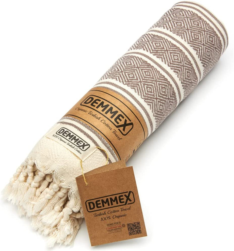 DEMMEX Certified 100% Organic Cotton & Organic Dye Prewashed XL Diamond Weave Turkish Cotton Towel Peshtemal Blanket for Bath,Beach,Pool,Spa,Gym, 71X36 Inches,14 Oz (Coffee)