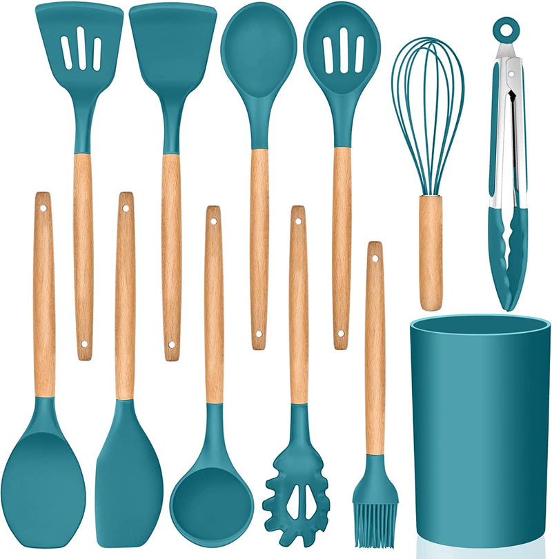 Cooking Utensils Set of 6, E-Far Silicone Kitchen Utensils with Wooden Handle, Non-Stick Cookware Friendly & Heat Resistant, Includes Spatula/Ladle/Slotted Turner/Serving Spoon/Spaghetti Server(Black) Home & Garden > Kitchen & Dining > Kitchen Tools & Utensils E-far Teal Blue 12 