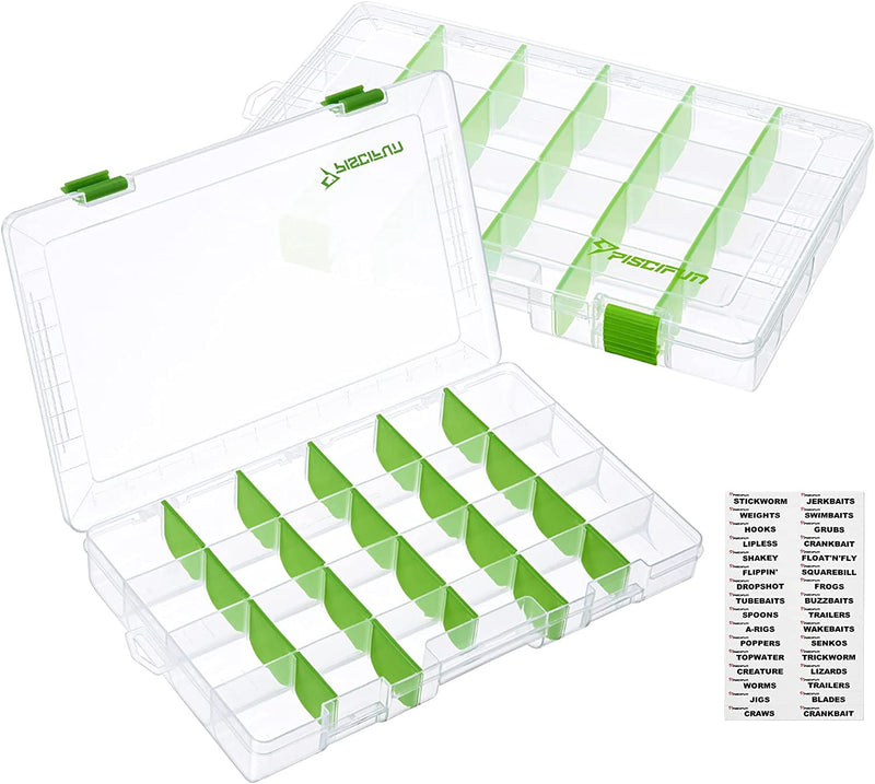 Piscifun Fishing Tackle Trays, Plastic Clear Fishing Storage Tackles Boxes with Waterproof Labels, 3600/3700 Removable Dividers Storage Organizer Boxes, 2 Packs/4 Packs Sporting Goods > Outdoor Recreation > Fishing > Fishing Tackle Piscifun green 3700-2 Packs 