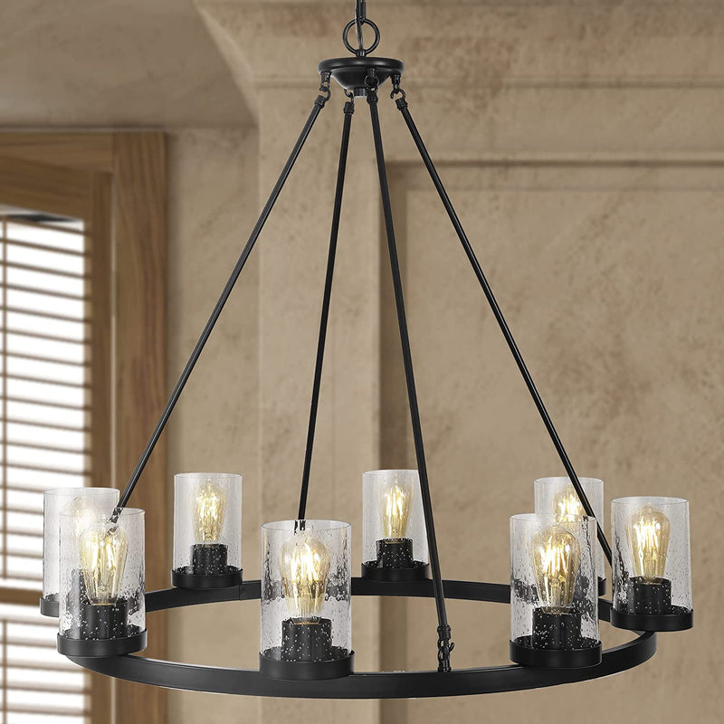 JONATHAN Y JYL7554A Pablo Ring 33.5" 8-Light Iron/Seeded Glass Bohemian Cottage LED Chandelier, Farmhouse,Rustic Adjustable Dining Room, Living Room, Kitchen, Foyer, Oil Rubbed Bronze Home & Garden > Lighting > Lighting Fixtures > Chandeliers JONATHAN Y   