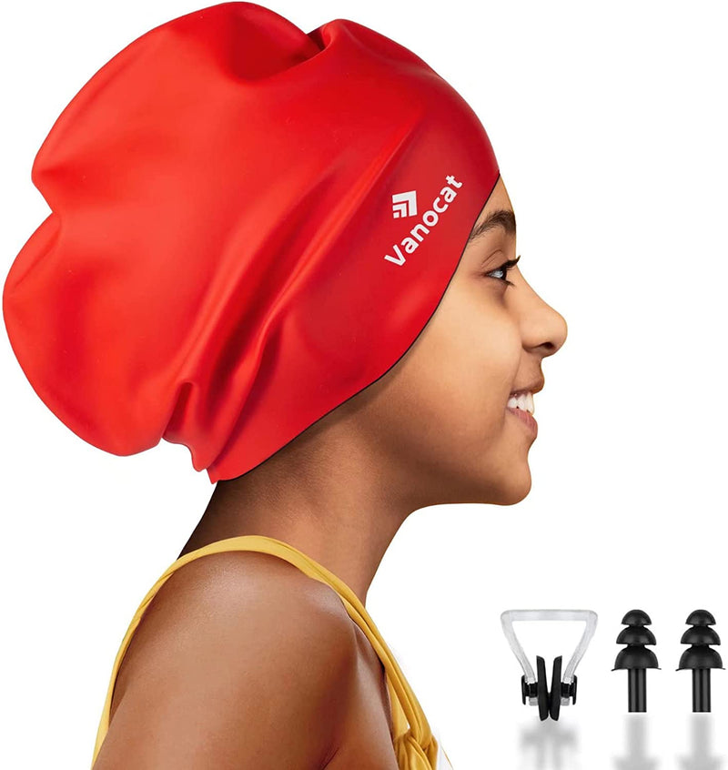 Kids Extra Large Swim Cap for Long Hair, Waterproof Silicone Swimming Caps for Boys Girls Children Youth Teen, Large Swim Hat for Long Thick Curly Hair & Dreadlocks Braids Weaves Afro Hair Sporting Goods > Outdoor Recreation > Boating & Water Sports > Swimming > Swim Caps Huizhou Born Sporting Goods Co.,Ltd. Red  