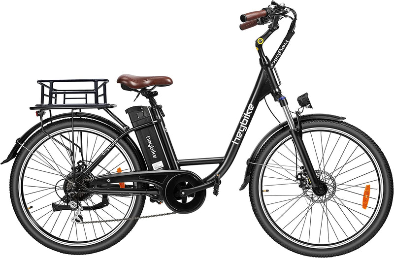 Heybike Cityscape Electric Bike 350W Electric City Cruiser Bicycle up to 40 Miles Removable Battery, Shimano 7-Speed and Dual Shock Absorber, 26" Electric Commuter Bike for Adults Sporting Goods > Outdoor Recreation > Cycling > Bicycles Heybike Black With Rear Basket 