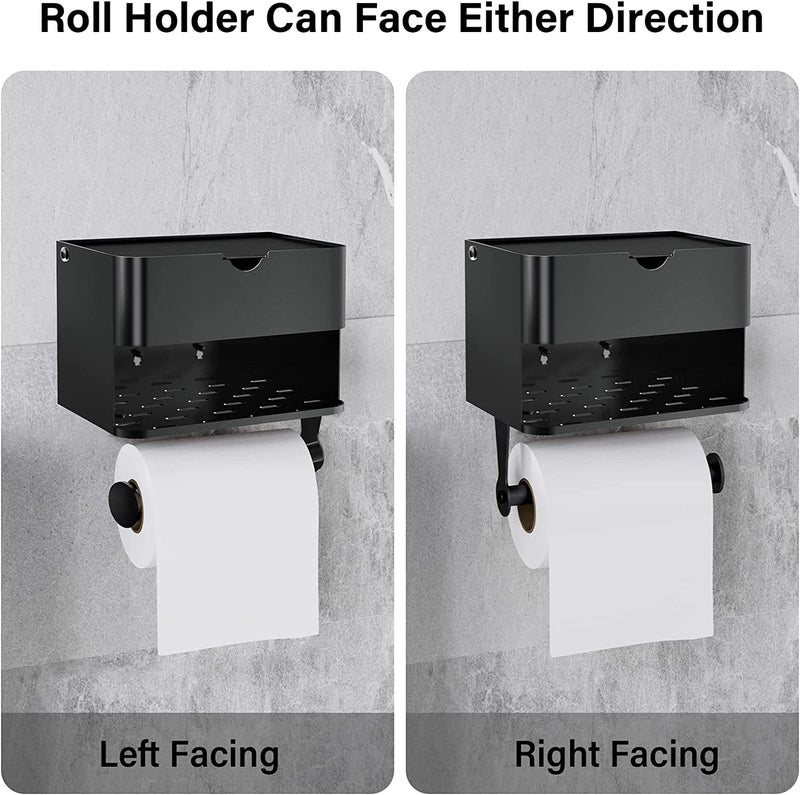 Toilet Paper Holder with Shelf - HYSEYY Double-Layer Toilet Paper Holder for Bathroom Wipes Dispenser and Storage, Wall Mounted Toilet Paper Holder with Storage, Black, Large Home & Garden > Household Supplies > Storage & Organization HYSEYY   
