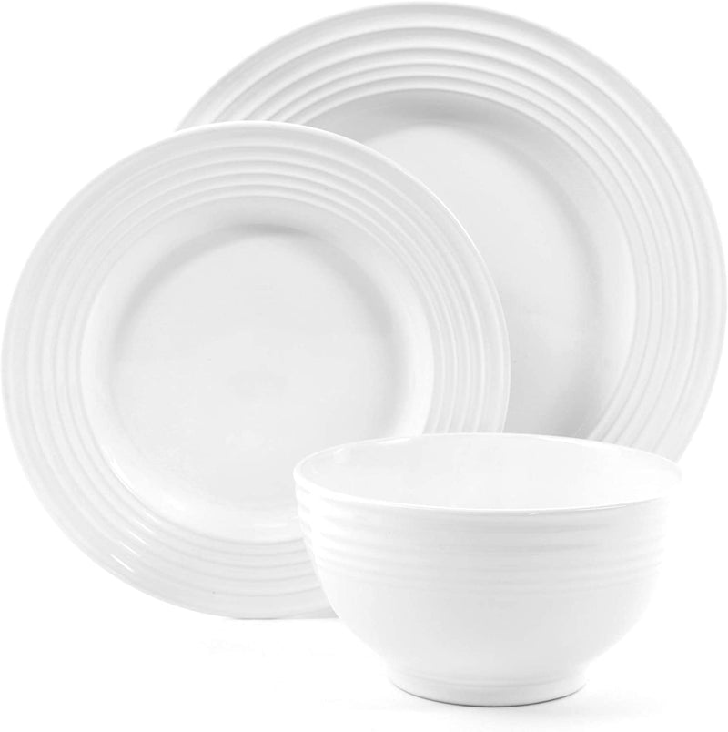 Gibson Home - 102274.12RM Gibson Home 12 Piece Plaza Cafe round Dinnerware Set with Embossed Stoneware, White - Home & Garden > Kitchen & Dining > Tableware > Dinnerware Gibson   