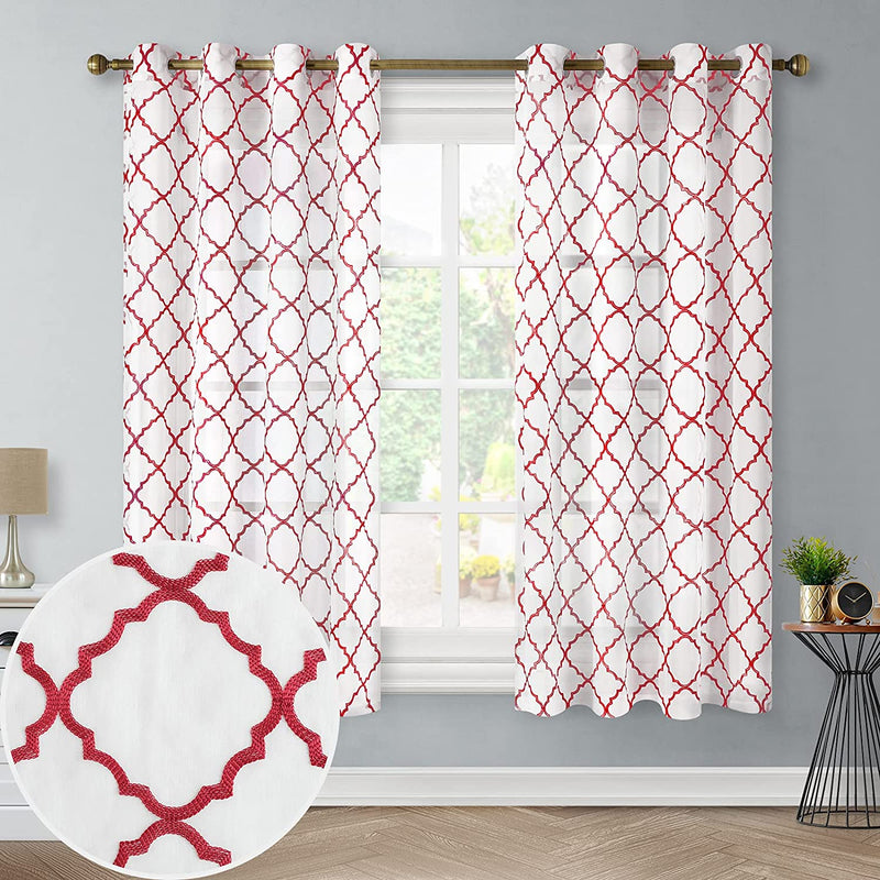 HOMEDIAS Grey Moroccan Sheer Curtains Embroidery Curtains for Bedroom Room 52 X 84 Inch Long Grommet Top Semi Sheer Curtains Light Filtering Voile Curtains 2 Panels Window Curtains Home & Garden > Decor > Window Treatments > Curtains & Drapes HOMEIDEAS Burgundy Red-moroccan 52"W X 63"L 