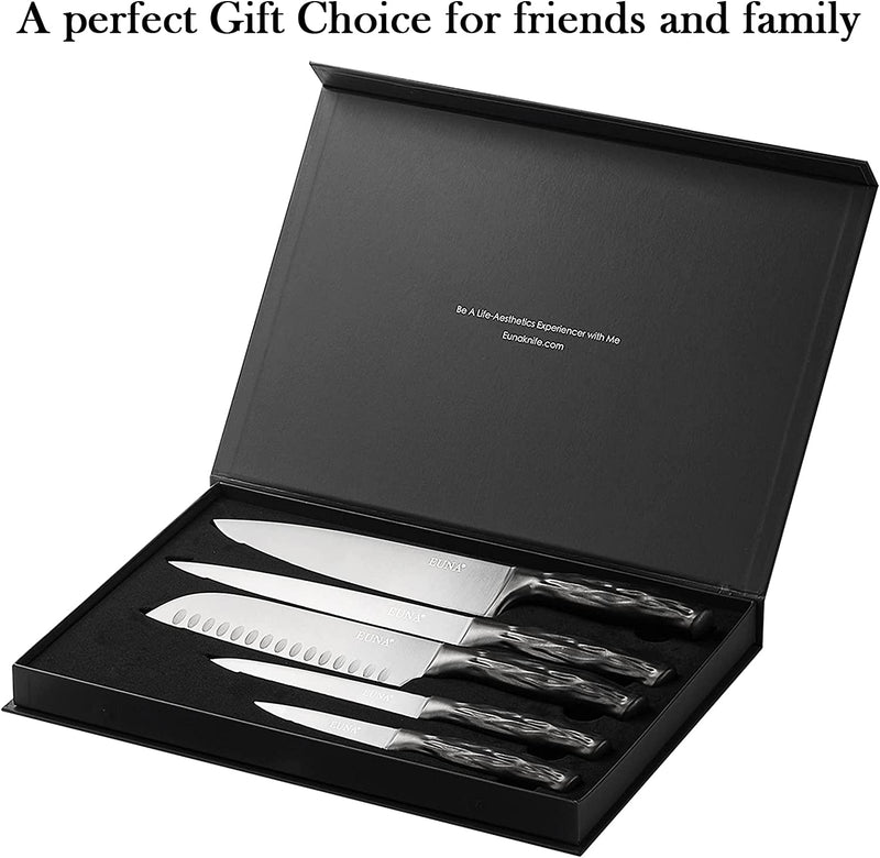 EUNA 5 PCS Knife Chef Set Ultra Sharp, Japanese Knives of Stainless Steel for Multipurpose Cooking, Kitchen Knives Professional with Gift Box, Integrated Design with Non-Stick Coating Sliver