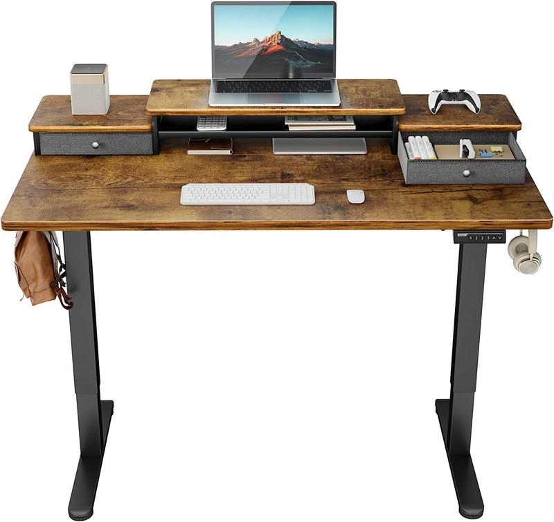 Ergear Electric Standing Desk with Double Drawers, 55X28 Inches Adjustable Height Sit Stand up Desk, Home Office Desk Computer Workstation with Storage Shelf, Vintage Brown Home & Garden > Household Supplies > Storage & Organization ErGear Vintage Brown 48x24 Inch 
