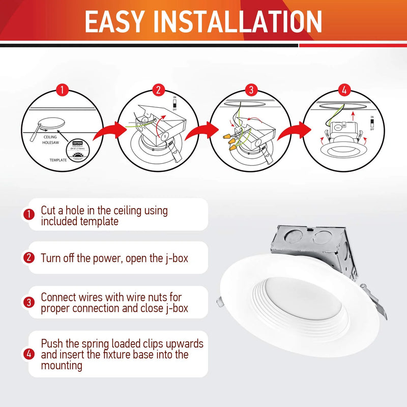 OSTWIN (4 Pack) 6 Inch Canless LED Recessed Light - Dimmable Downlight Fixture with Integrated Junction Box, 15W(120W Eqv) 1100Lm, 4000K Bright White, Wet Locations, IC Rated, ETL & Energy Star Listed