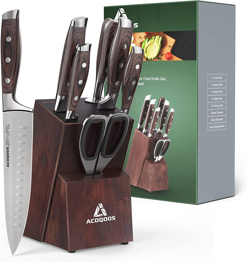 Kitchen Knife Set with Wooden Block, Knife Block Sets 17 Piece with Knife Sharpener, German Stainless Steel and Full-Tang Design by ACOQOOS Home & Garden > Kitchen & Dining > Kitchen Tools & Utensils > Kitchen Knives ACOQOOS 8 PCS  