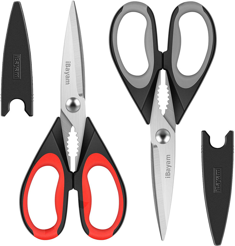 Kitchen Shears, Ibayam Kitchen Scissors Heavy Duty Meat Scissors Poultry Shears, Dishwasher Safe Food Cooking Scissors All Purpose Stainless Steel Utility Scissors, 2-Pack (Black Red, Black Gray)
