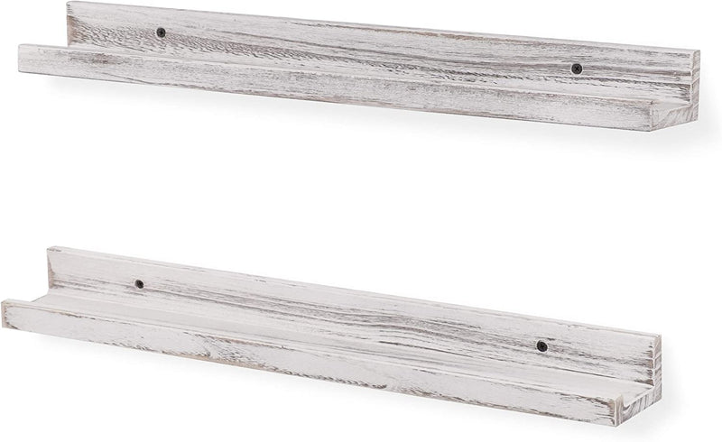 Rustic State Ted Wall Mount Photo Ledge Shelf | 24 Inch Floating Wooden Shelves Distressed White Set of 2 Furniture > Shelving > Wall Shelves & Ledges Rustic State   