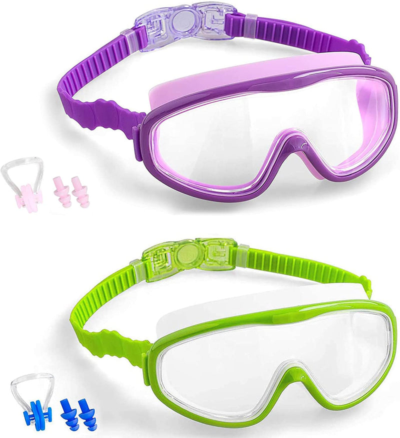 Elimoons Kids Goggles for Swimming Age 3-15,Kids Swim Goggles with Nose Cover No Leaking Anti-Fog Waterproof(2Pack) Sporting Goods > Outdoor Recreation > Boating & Water Sports > Swimming > Swim Goggles & Masks Elimoons Green+purple  