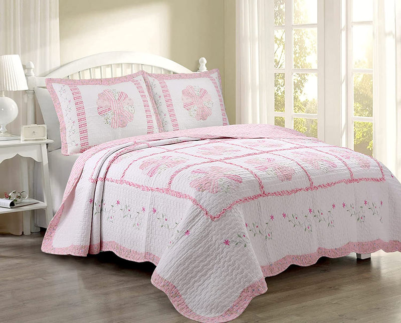 Cozy Line Home Fashions Pink Red Floral 100% Cotton Reversible Quilt Bedding Set, Coverlet Bedspread (Fuchsia Flowers, King - 3 Piece) Home & Garden > Linens & Bedding > Bedding Cozy Line Home Fashions Daisy Field Queen 