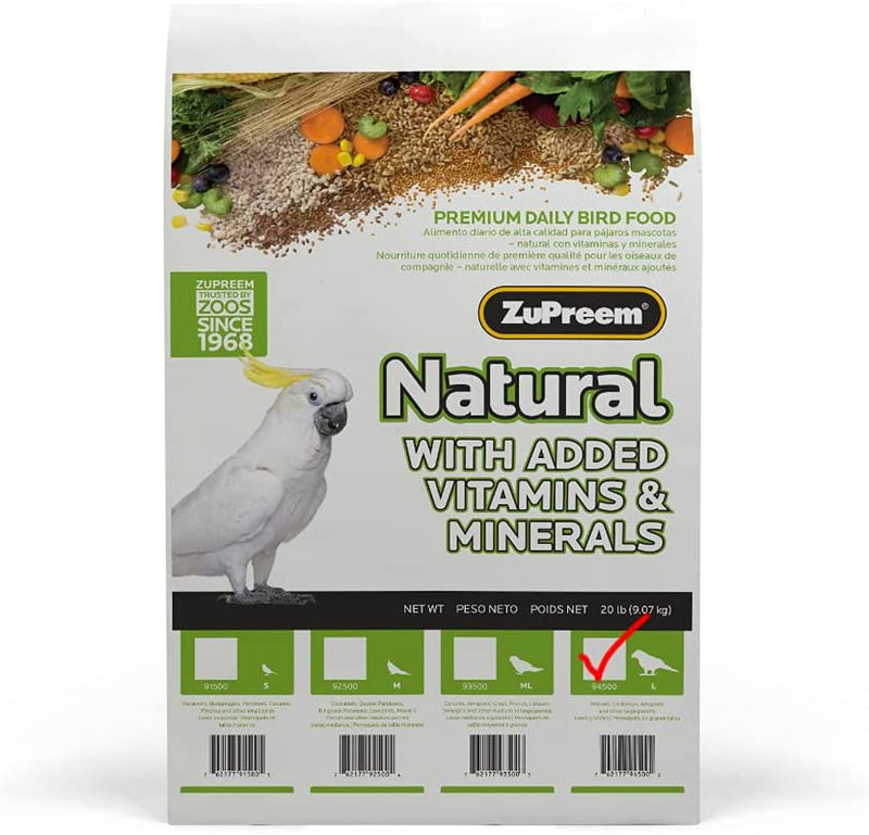Zupreem Natural Bird Food Pellets for Large Birds, 20 Lb - Everyday Feeding Made in USA, Essential Vitamins, Minerals, Amino Acids for Amazons, Macaws, Cockatoos Animals & Pet Supplies > Pet Supplies > Bird Supplies > Bird Food Phillips Feed & Pet Supply 20 lb bag  