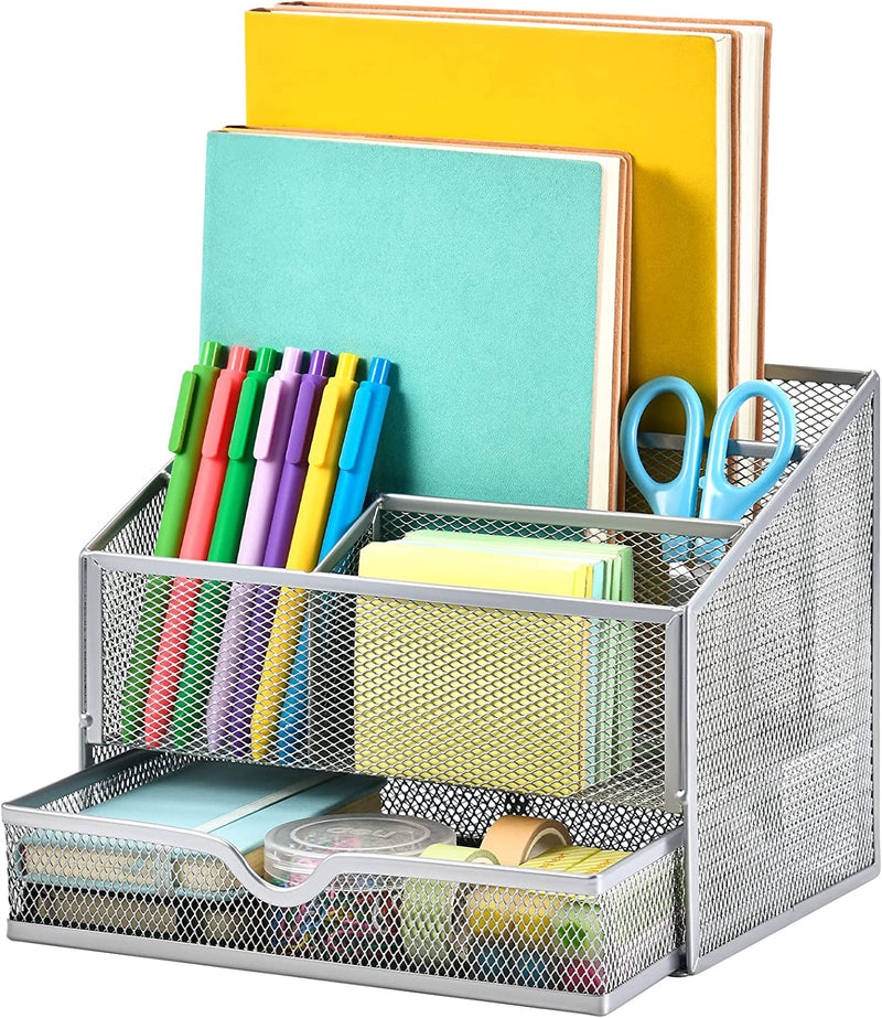 Marbrasse 3 Tier Mesh Desk Organizer with Drawer, Multi-Functional Desk Organizers and Accessories, Paper Letter Organizer with 2 Pen Holder for Home Office Supplies - Black