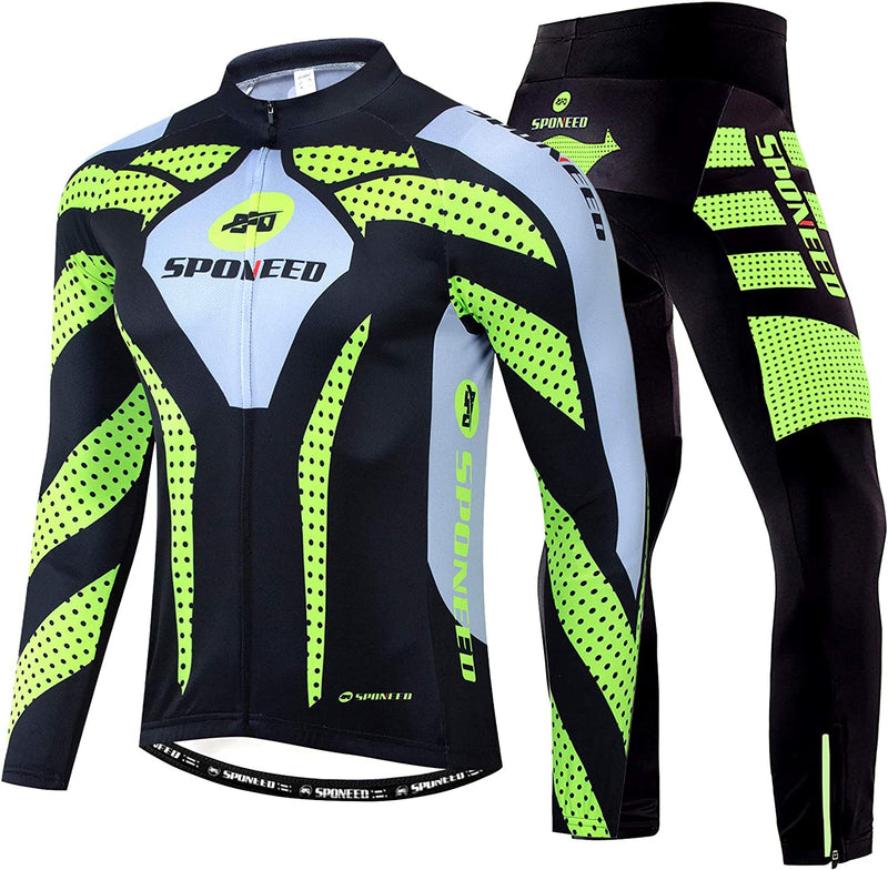 Sponeed Men'S Cycling Jersey Full Sleeve Riding Wear Long Sleeve T Shirts Pants Sporting Goods > Outdoor Recreation > Cycling > Cycling Apparel & Accessories sponeed Fleece Green Large 