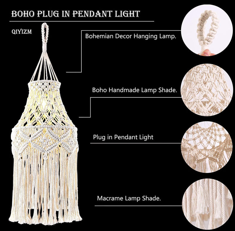 QIYIZM Boho Plug in Pendant Light Macrame Hanging Lamp Shade Hanging Lights with Plug in Hemp Rope Cord and Dimmable Switch,Plug in Chandelier Light for Bohemian Decor Bedroom Living Room Indoor,1Pack Home & Garden > Lighting > Lighting Fixtures QIYIZM   
