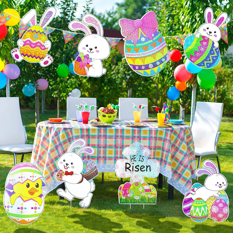 8 Pack Easter Yard Decoration Colorful Easter Yard Stakes Weather Resistant Easter Eggs Bunny Chick Outdoor Decor Easter Egg Hunt Signs Easter Garden Decorations with Stakes for Lawn Yard Garden Decor