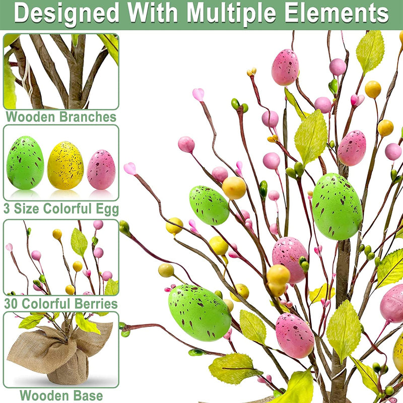 TURNMEON 2 Pack Prelit Easter Eggs Tree Tabletop Easter Decorations with 20 LED Warm Lights Battery Operated Colorful Eggs Berries Seeds 18 Inch Easter Decoration Home Party Indoor Spring Summer Decor Home & Garden > Decor > Seasonal & Holiday Decorations TURNMEON   