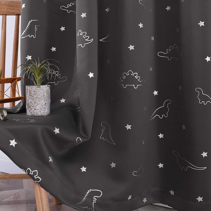 LORDTEX Dinosaur and Star Foil Print Blackout Curtains for Kids Room - Thermal Insulated Curtains Noise Reducing Window Drapes for Boys and Girls Bedroom, 42 X 84 Inch, Grey, Set of 2 Panels Home & Garden > Decor > Window Treatments > Curtains & Drapes LORDTEX   
