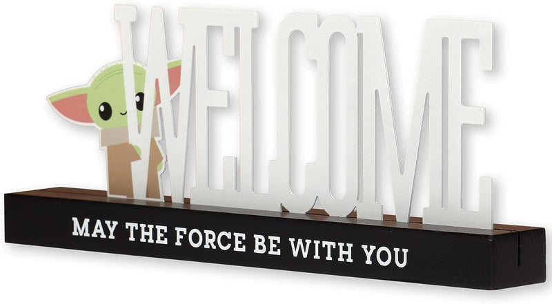 Open Road Brands Disney Star Wars Baby Yoda Welcome Tabletop Decor - May the Force Be with You Metal Baby Yoda Decoration on Black Wood Base  Open Road Brands   