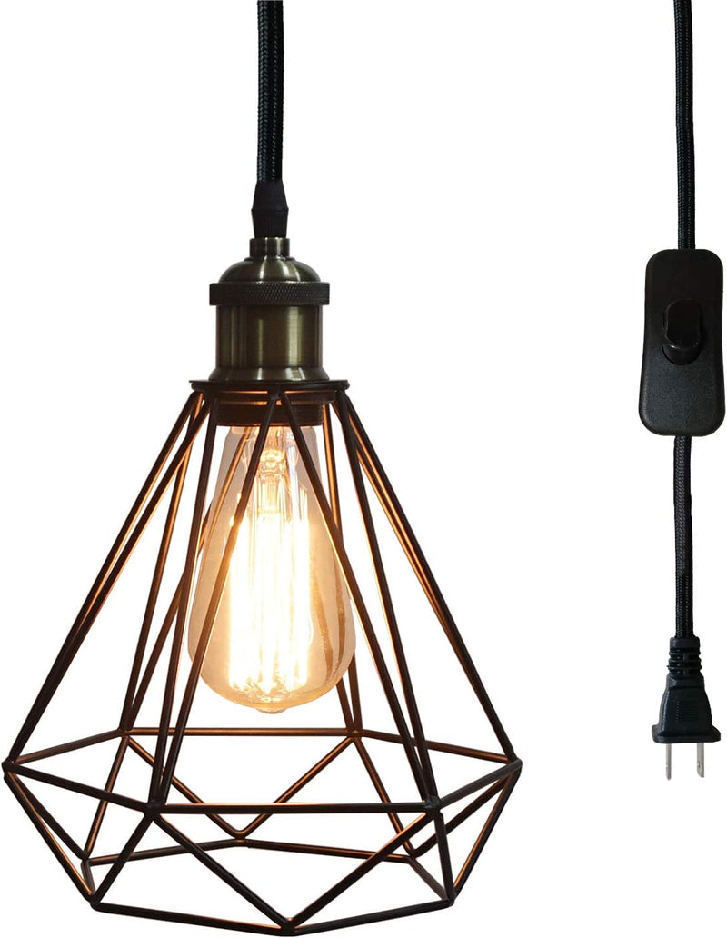 Riomasee Industrial Plug in Pendant Lighting 14.27 Ft Hanging Cord with On/Off Switch,Cage Black Metal Hanging Light Fixture for Farmhouse,Bedroom,Kitchen 2-Pack Home & Garden > Lighting > Lighting Fixtures riomasee A-On/Off Switch  