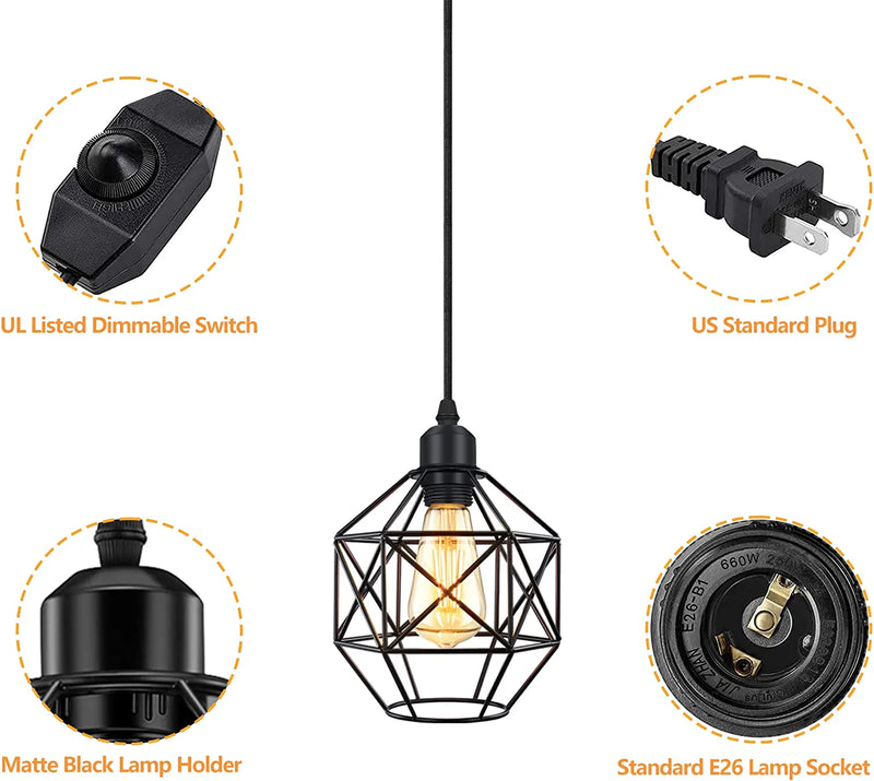 Industrial Plug in Pendant Light, Hanging Lamp with Plug in Cord, Vintage Metal Cage Pendant Lighting Fixture with 12Ft Cord and On/Off Switch for Kitchen Bedroom 2 Pack