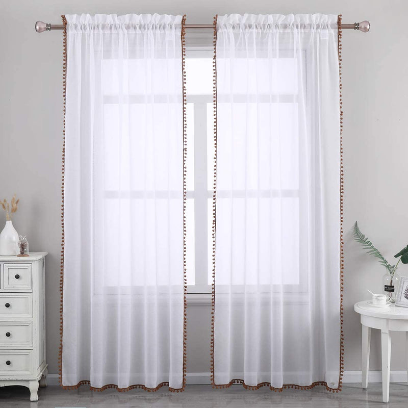 SPXTEX White Sheer Curtains 96 Inches Long Navy Pom Poms Curtains for Bedroom Light Filtering Long Semi Sheer Curtains for Living Room Farmhouse Window Treatment Curtains 2 Panels 38 X 96 Length Home & Garden > Decor > Window Treatments > Curtains & Drapes SPXTEX Taupe W38 x L84 