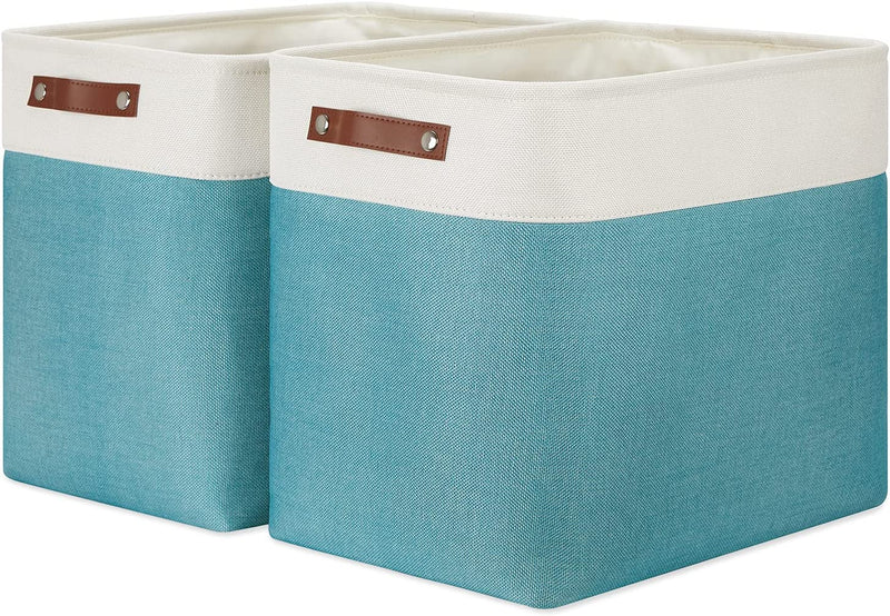 DULLEMELO Storage Bins 16"X12"X12" with Leather Handles for Organizing,Decorative Collapsible Storage Baskets for Shelves Closet Home Office (Black&Grey) Home & Garden > Household Supplies > Storage & Organization DULLEMELO White&Teal Large-17"x12"x15" 