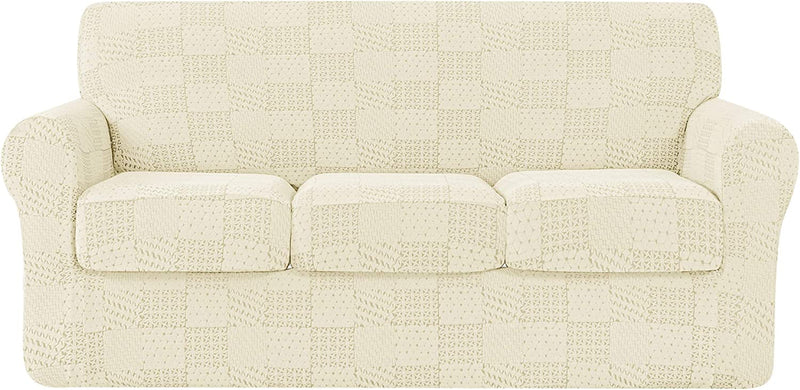 SUBRTEX Sofa Cover Stretch Jacquard Couch Slipcover with 3 Separate Cushion Geometric Patchwork Pattern Design Sofa Slipcover Washable Furniture Protector for Pets Kids(Large, Patchwork Grey) Home & Garden > Decor > Chair & Sofa Cushions SUBRTEX   